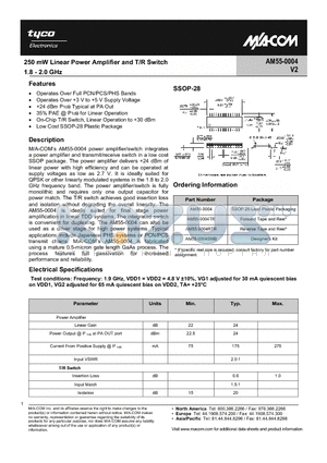 AM55-0004RTR datasheet - 250 mW Linear Power Amplifier and T/R Switch 1.8 - 2.0 GHz