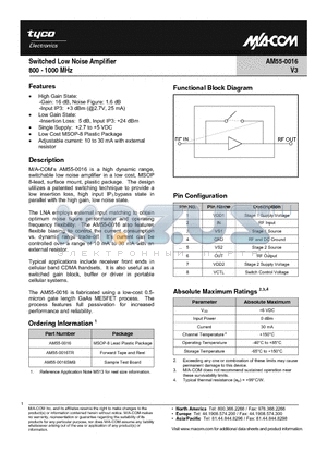 AM55-0016 datasheet - Switched Low Noise Amplifier 800 - 1000 MHz