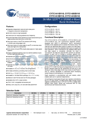 CY7C1411BV18-167BZXI datasheet - 36-Mbit QDR-II SRAM 4-Word Burst Architecture