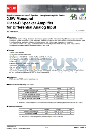 BD5460GUL datasheet - 2.5W Monaural Class-D Speaker Amplifier for Differential Analog Input