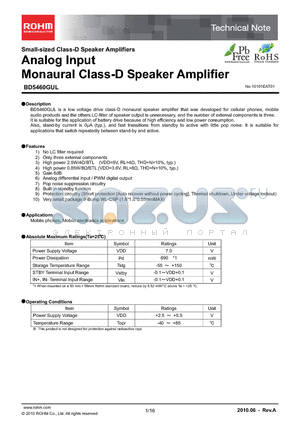 BD5460GUL-E2 datasheet - Analog Input Monaural Class-D Speaker Amplifier