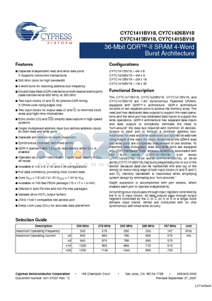 CY7C1411BV18-278BZC datasheet - 36-Mbit QDR-II SRAM 4-Word Burst Architecture