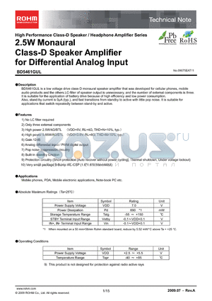 BD5461GUL datasheet - 2.5W Monaural Class-D Speaker Amplifier for Differential Analog Input