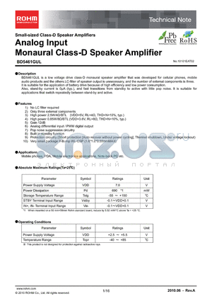 BD5461GUL_10 datasheet - Analog Input Monaural Class-D Speaker Amplifier
