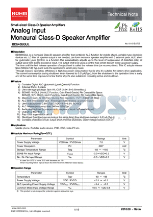 BD5465GUL datasheet - Analog Input Monaural Class-D Speaker Amplifier