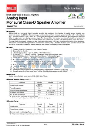 BD5467GUL datasheet - Analog Input Monaural Class-D Speaker Amplifier