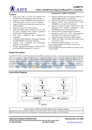 AX88772 datasheet - USB to 10/100 Fast Ethernet/HomePNA Controller