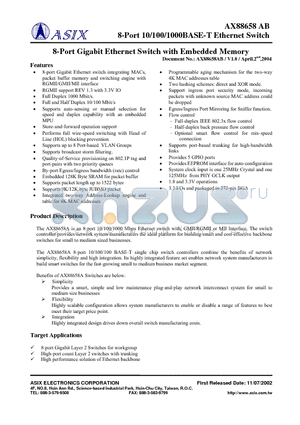 AX88658AB datasheet - 8-Port 10/100/1000BASE-T Ethernet Switch