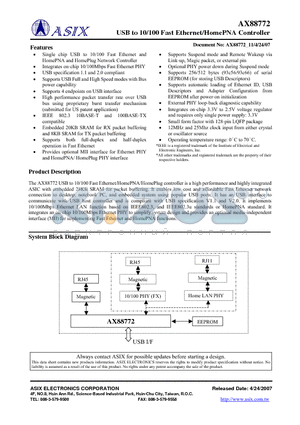 AX88772_07 datasheet - USB to 10/100 Fast Ethernet/HomePNA Controller
