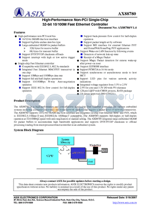 AX88780_07 datasheet - High-Performance Non-PCI Single-Chip 32-bit 10/100M Fast Ethernet Controller