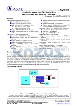 AX88780 datasheet - High-Performance Non-PCI Single-Chip 32-bit 10/100M Fast Ethernet Controller