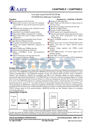 AX88796BLF datasheet - Low-pin-count Non-PCI 8/16-bit 10/100M Fast Ethernet Controller