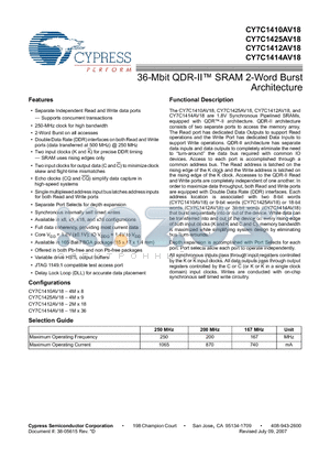 CY7C1412AV18-167BZXI datasheet - 36-Mbit QDR-II SRAM 2-Word Burst Architecture