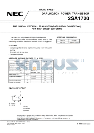 2SA1720 datasheet - PNP SILICON EPITAXIAL TRANSISTOR (DARLINGTON CONNECTION) FOR HIGH-SPEED SWITCHING