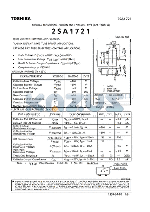 2SA1721 datasheet - TRANSISTOR (HIGH VOLTAGE CONTROL, PLASMA DISPLAY, NIXIE TUBE DRIVER, CATHODE RAY TUBE BRIGHTNESS CONTROL APPLICATIONS
