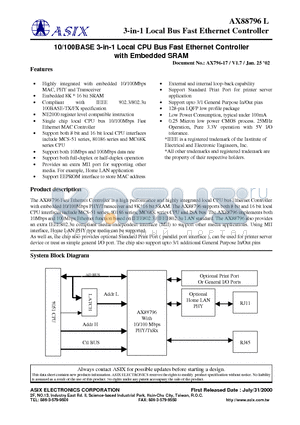 AX88796L datasheet - 3-in-1 Local Bus Fast Ethernet Controller