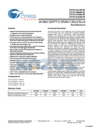 CY7C1413AV18-167BZC datasheet - 36-Mbit QDR-II SRAM 4-Word Burst Architecture