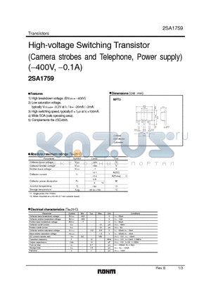 2SA1759_1 datasheet - High-voltage Switching Transistor (Camera strobes and Telephone, Power supply) (−400V, −0.1A)