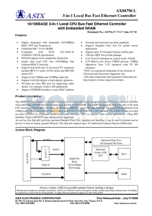 AX88796 datasheet - 3-in-1 Local Bus Fast Ethernet Controller