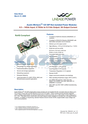 AXA003A0X4Z datasheet - 8.3 - 14Vdc Input; 0.75Vdc to 5.5Vdc Output; 3A output current