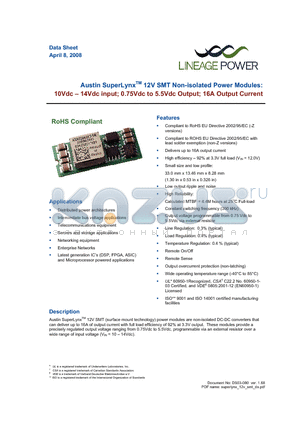 AXA016A0X3-SR12Z datasheet - 10 - 14Vdc input; 0.75Vdc to 5.5Vdc Output; 16A output current