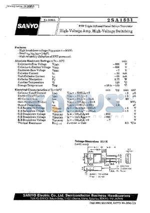 2SA1831 datasheet - High-Voltage Amp, High-Voltage Switching