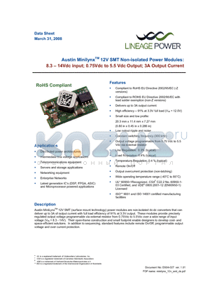 AXA003A0X-SR datasheet - 8.3 - 14Vdc input; 0.75Vdc to 5.5Vdc Output; 3A output current