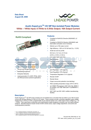 AXA016A0X3 datasheet - 10 - 14Vdc Input; 0.75Vdc to 5.5Vdc Output; 16A output current