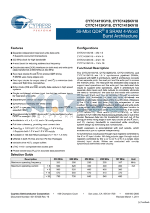 CY7C1415KV18-333BZC datasheet - 36-Mbit QDR^ II SRAM 4-Word Burst Architecture