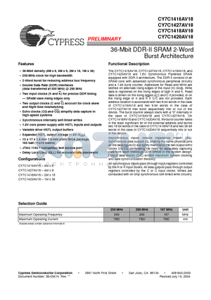 CY7C1416AV18-250BZC datasheet - 36-Mbit DDR-II SRAM 2-Word Burst Architecture