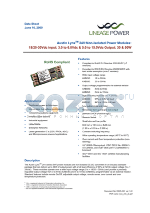 AXB050X43-SR datasheet - 18/20 - 30Vdc input; 3.0 - 6.0Vdc & 5.0 - 15.0Vdc Output; 30& 50W