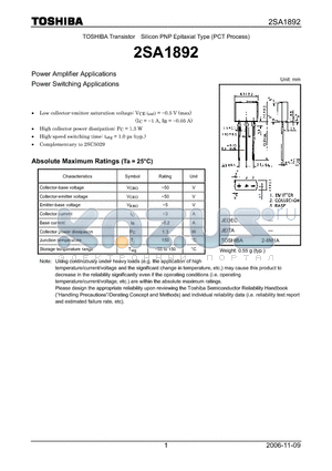 2SA1892 datasheet - Power Amplifier Applications Power Switching Applications