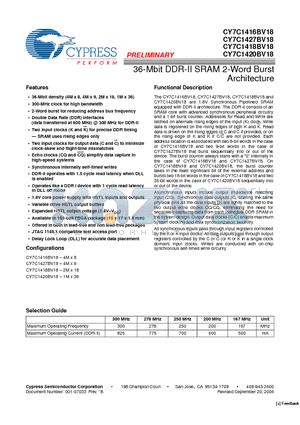 CY7C1418BV18-250BZI datasheet - 36-Mbit DDR-II SRAM 2-Word Burst Architecture