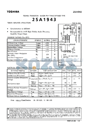 2SA1943 datasheet - TRANSISTOR (POWER AMPLIFIER APPLICATIONS)
