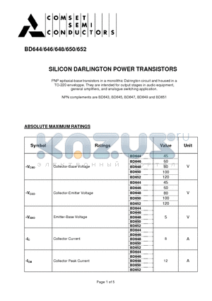 BD644 datasheet - SILICON DARLINGTON POWER TRANSISTORS