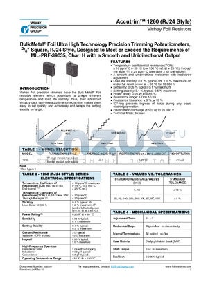 1260 datasheet - Bulk Metal^ Foil Ultra High Technology Precision Trimming Potentiometers