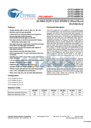 CY7C1422BV18-167BZI datasheet - 36-Mbit DDR-II SIO SRAM 2-Word Burst Architecture