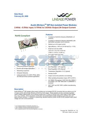 AXH003A0X4 datasheet - 2.4 - 5.5Vdc input; 0.75Vdc to 3.63Vdc Output; 3A output current