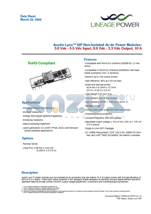 AXH010A0D datasheet - 3.0Vdc-5.5Vdc Input, 0.9 Vdc - 3.3 Vdc Output, 10 A