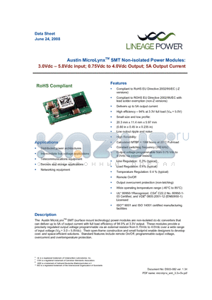 AXH005A0X-SRZ datasheet - 3.0 - 5.8Vdc input; 0.75Vdc to 4.0Vdc Output; 5A output current