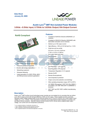 AXH010A0X-SR datasheet - 3.0 - 5.5Vdc Input; 0.75Vdc to 3.63Vdc Output; 10A output current