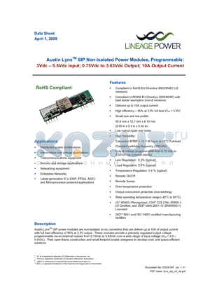 AXH010A0X3 datasheet - 3.0Vdc - 5.5Vdc input; 0.75 to 3.63Vdc Output; 10A Output Current