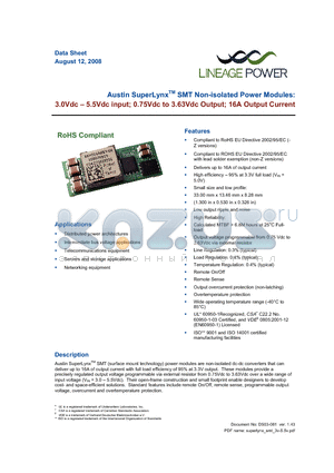 AXH016A0X3-SR datasheet - 3.0 - 5.5Vdc input; 0.75Vdc to 3.63Vdc Output; 16A output current