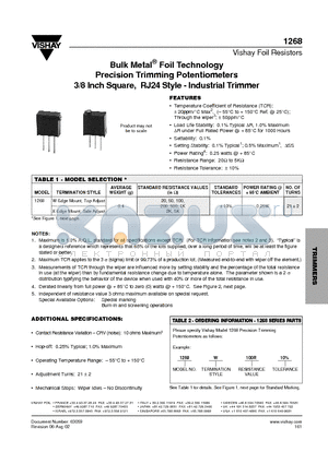 1268W100R datasheet - Bulk Metal Foil Technology Precision Trimming Potentiometers 3/8 Inch Square, RJ24 Style - Industrial Trimmer