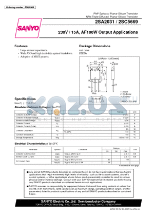 2SA2031 datasheet - 230V / 15A, AF100W Output Applications