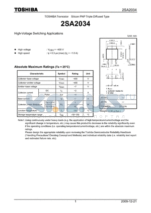 2SA2034 datasheet - High-Voltage Switching Applications