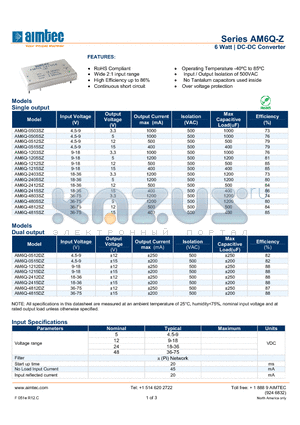 AM6Q-0503SZ datasheet - 6 Watt | DC-DC Converter