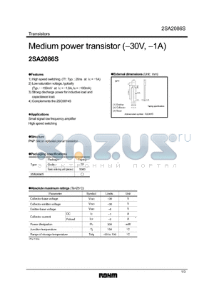 2SA2086S datasheet - Medium power transistor (-30V, -1A)