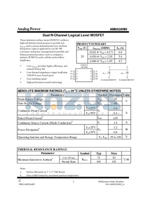 AM6920NH datasheet - Dual N-Channel Logical Level MOSFET