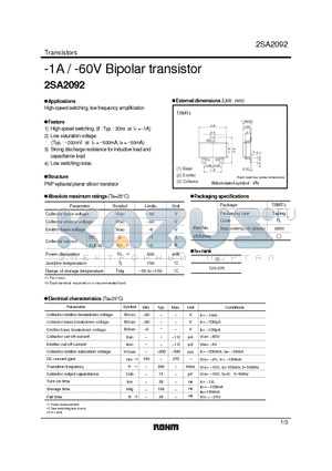 2SA2092 datasheet - -1A / -60V Bipolar transistor